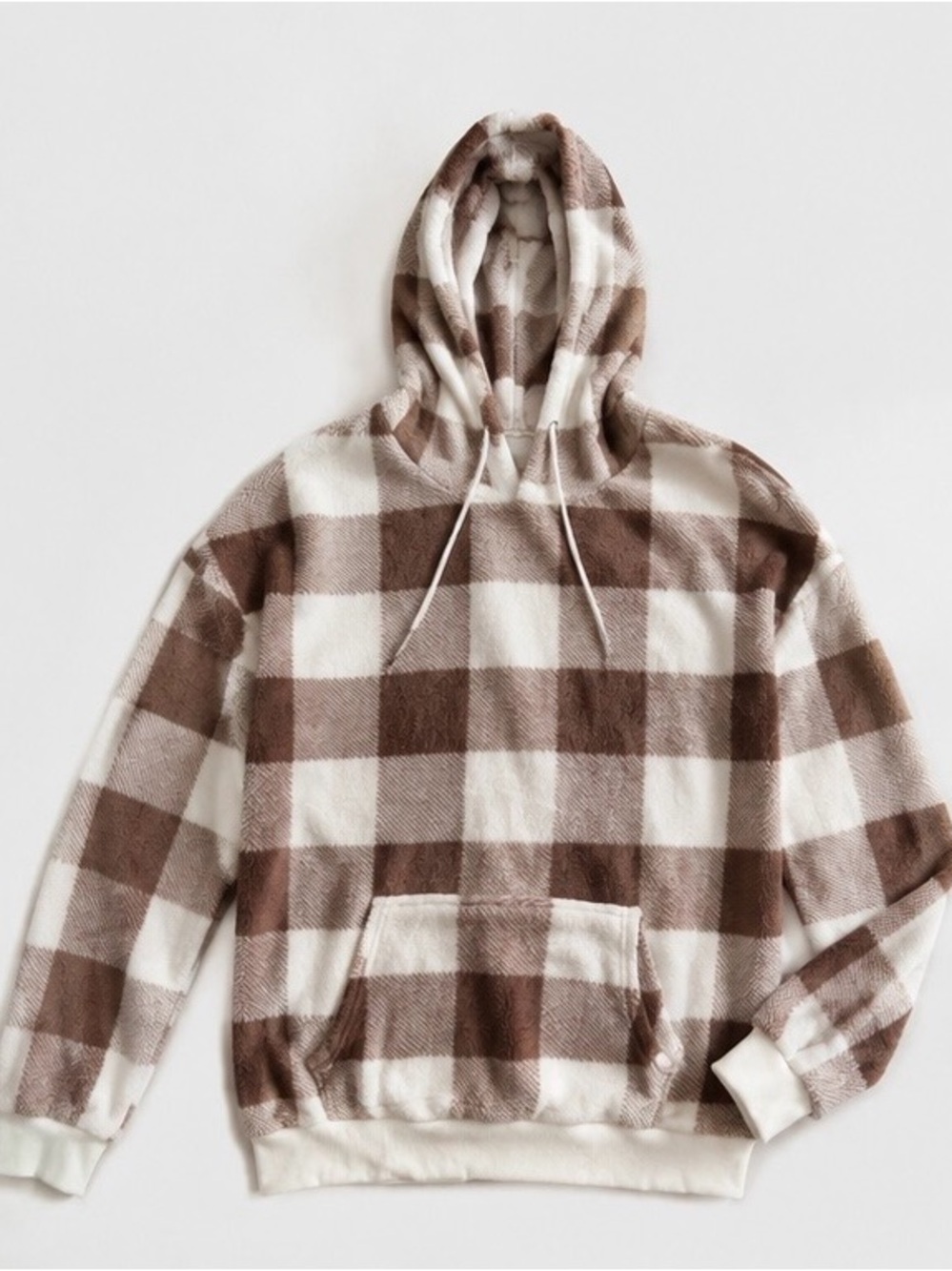 Plaid Fleece Hoodie — Brown & Cream Women’s Hoodie Size Large